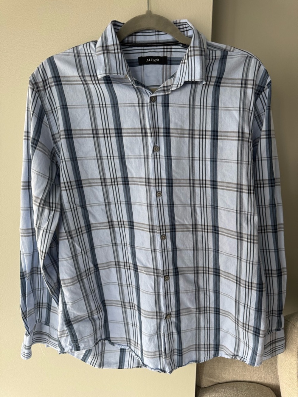 Alfani Men's Blue and White Plaid Button-Down Shirt